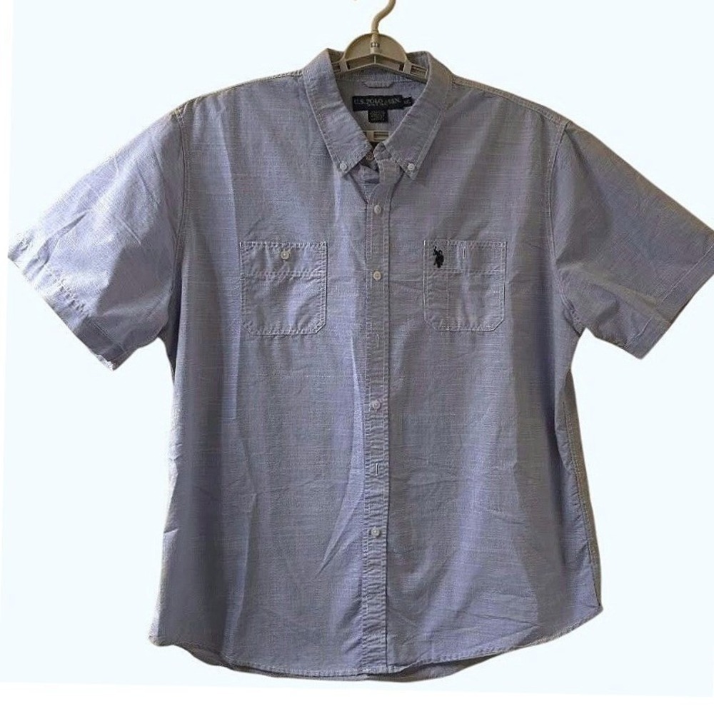 U.S.‎ Polo Assn Mens XXL Blue Chambray Short Sleeve Button Up Shirt Logo